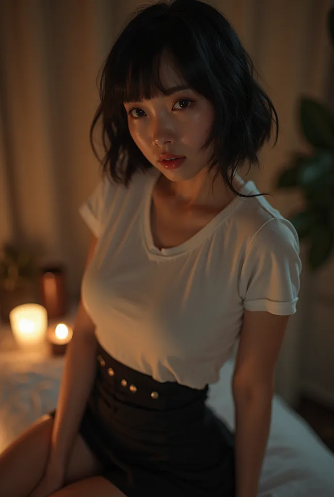  is complete,  black hair ,  short hair full of pee,huge boobs,  sensual, beautiful woman under hoodie, Japanese,Masseuse,white t-shirt,black tight miniskirt, well-styled ,dark room, Chest Valley