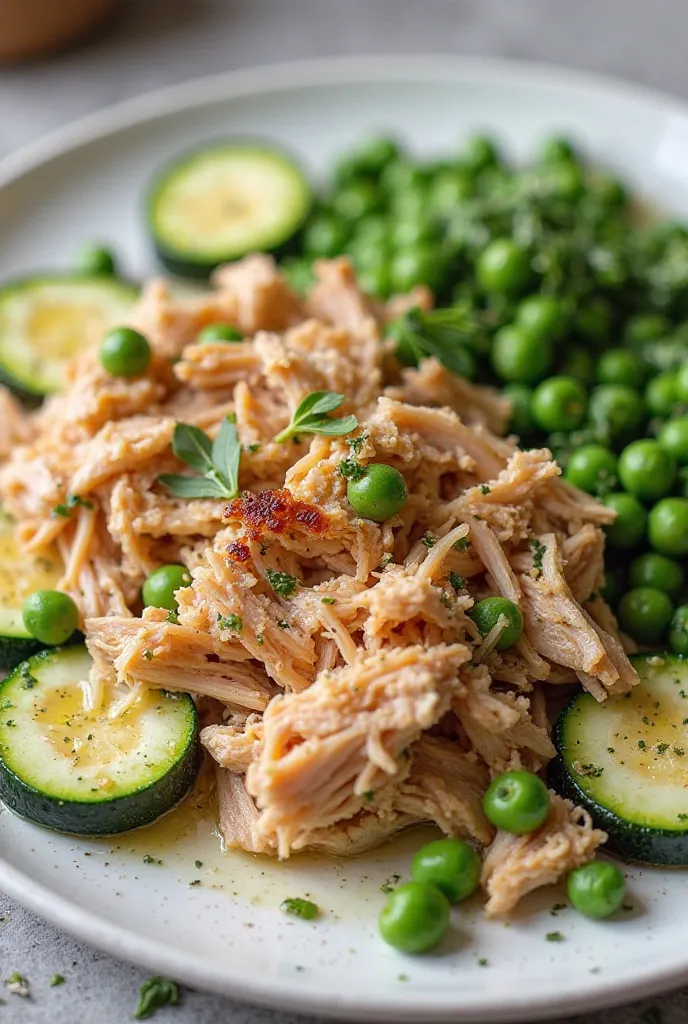 Shredded chicken with zucchini and peas