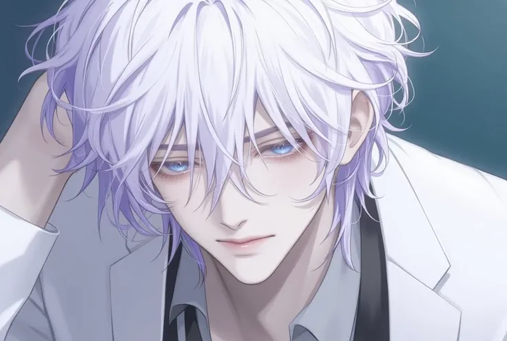 man.White hair, Light Blue Eyes .short cut, with bangs ,madness, suit,male, purple hair ,adhesion,alone,1man,high resolution, clearly,naturally