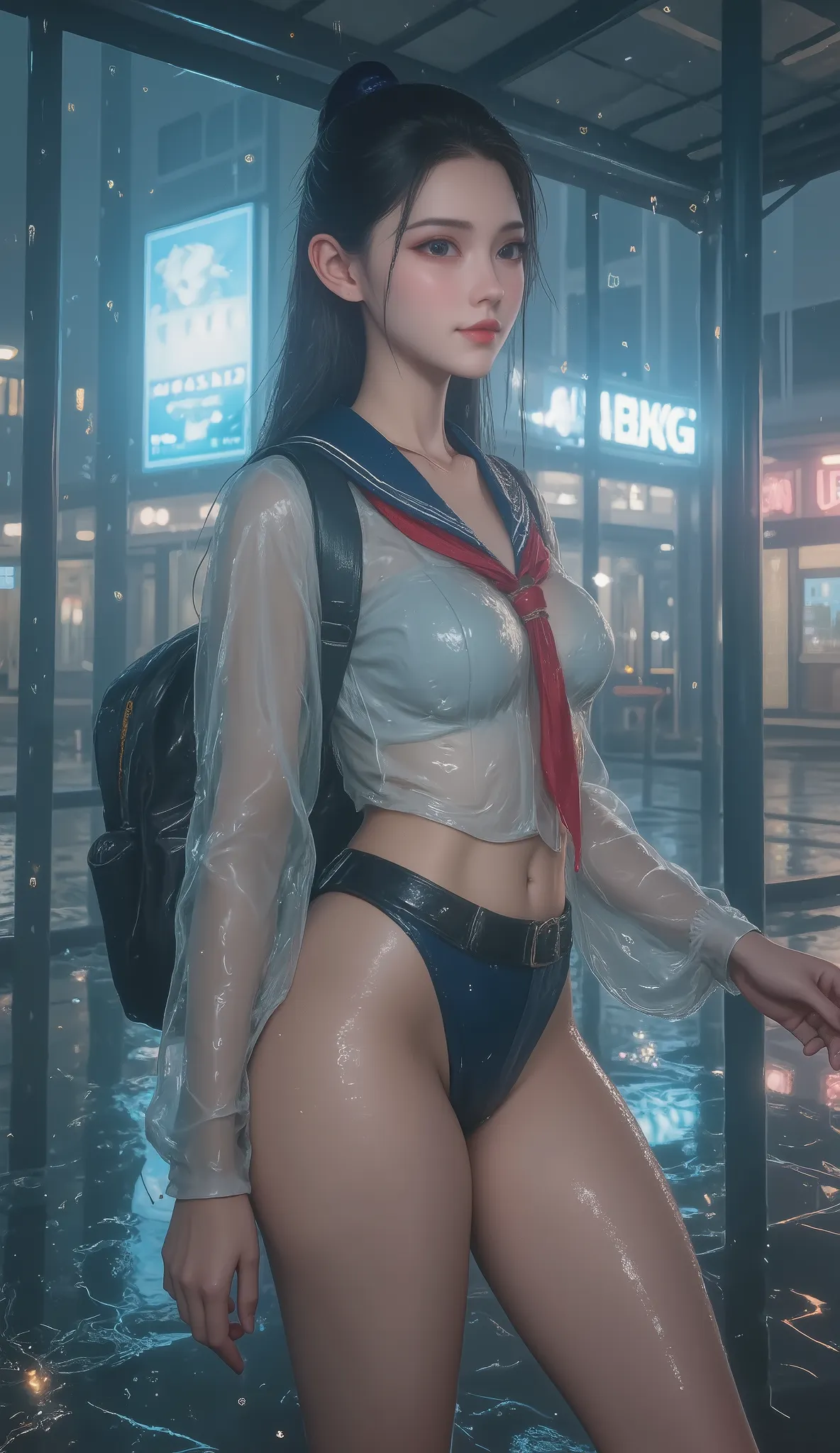 NSFW, TOP QUALITY , HD, 16k,   unbelievably ridiculous ,  very well detailed, 2.5D,   Delicate and Dynamic ,  beautiful woman,   attractive smile ,   busty high school girl , uniform、 sailor suit、、 ,  backpack,  ,  glitter effect, ((It's raining:1.3))、((My...