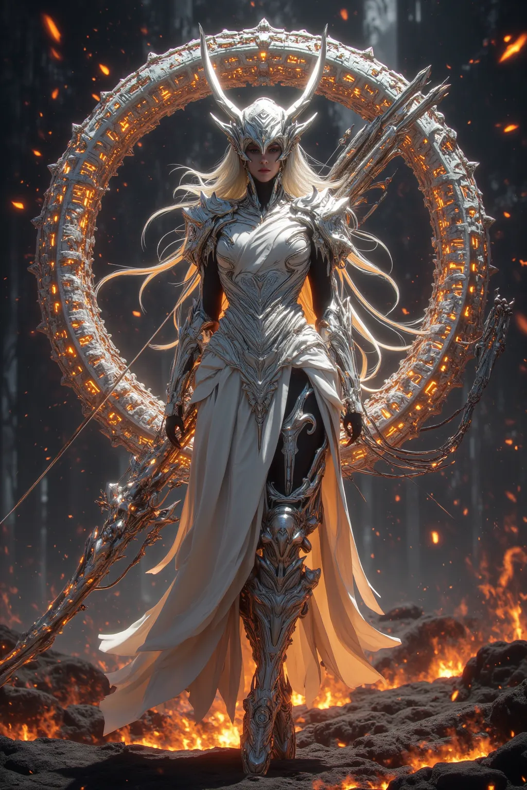 Create The scene The background showcases large monstrous zodiac of Saggitarius monster in setting and a powerful female fantasy warrior inspired by the celestial beauty of Rafaela and the indomitable strength of Baxia. She is half female upper torso weari...