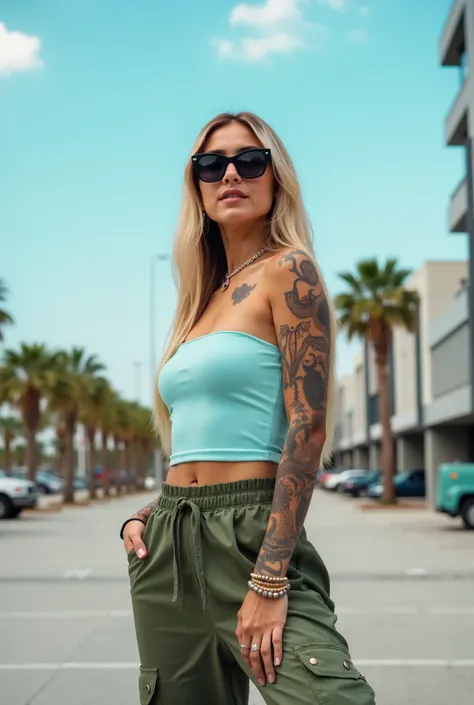 A young woman poses outdoors in an urban setting with a blue sky and a few clouds in the background. She wears a light blue strapless top and loose-fitting green cargo pants with large pockets. Her long, straight hair features blonde highlights that contra...