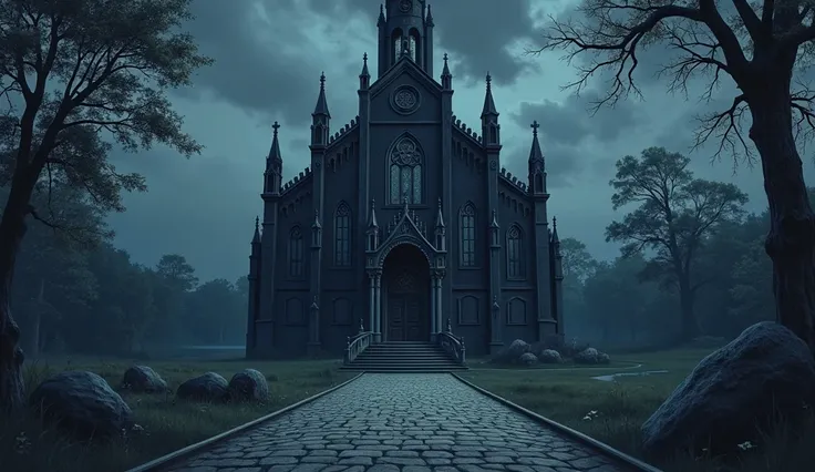 front of dark cobblestone church facing viewer front on connecting to sidewalk with a lake behind the church, anime style, dark lighting, 