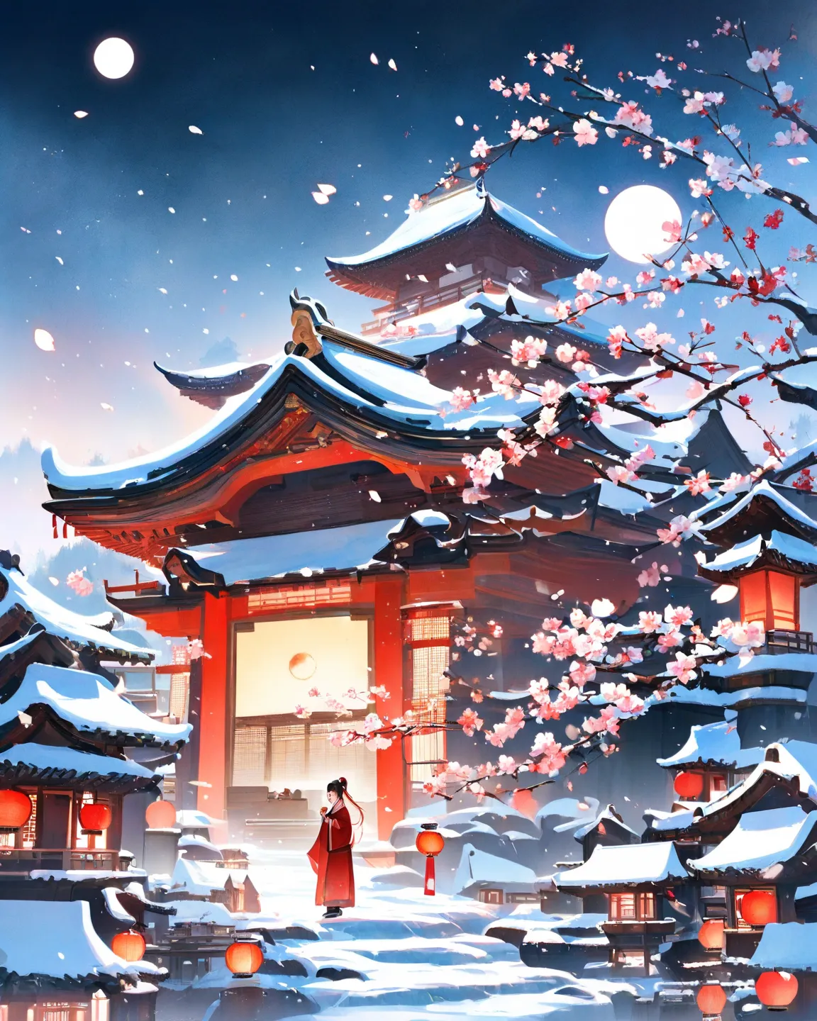 A serene winter landscape in a traditional Chinese watercolor style. A lone figure wearing a flowing red hanfu walks gracefully through the snow, holding a delicate red lantern. The scene is enveloped in mist, with snow-covered cherry blossom branches in t...