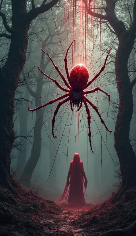 In a shadowed glen, a massive spider weaves a glistening crimson web between twisted trees as a blood wraith hovers nearby, tendrils reaching toward the strands. The air hangs thick with iron-scented mist as the two entities share the darkness in eerie har...