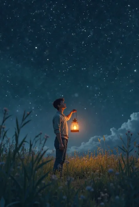 I want an image of a young man in the field holding a lamp on a starry night 