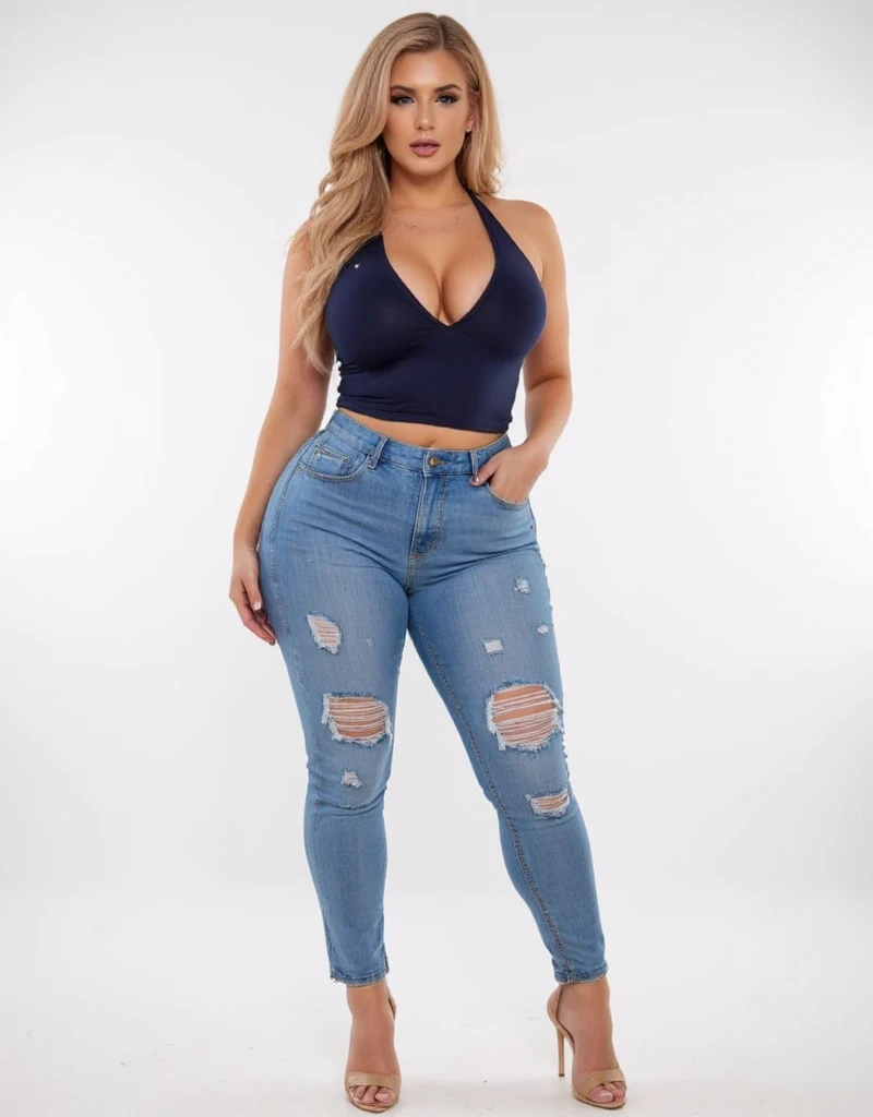 ((Full body)), front view, standing, makeup,  blonde  wavy hair, bigboobs, ((  Cut-Out Tight-Fit Jeans With Ripped Design And Pockets,  T-Shirt V Neck Topsv Neck T Shirtdark Blue Top,  high heels, (((thick curvy body, wide hips))) )), plain white backgroun...