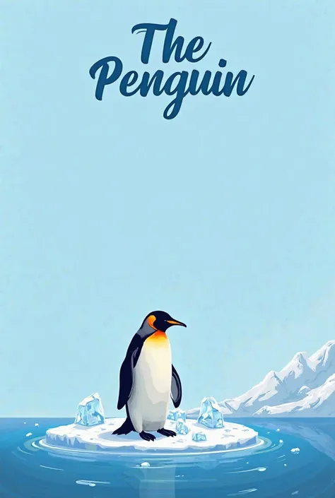 Make me a horizontal personal card with the background image of an emperor penguin standing on an iceberg with ice cubes and that at the top reads The Penguin with striking blue letters and in the upper right corner I want you to create a logo for the comp...