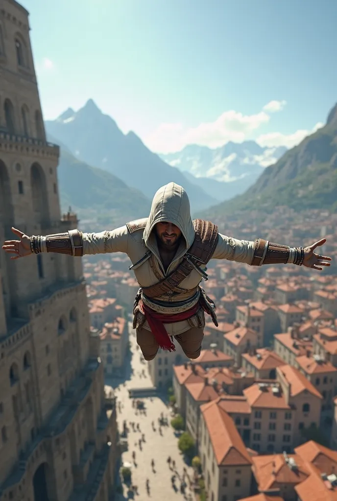 Create a hyperrealistic first-person image (throw) from a 'leap of faith' from the game Assassin's Creed, seen through the character's eyes. The image must show the character's perspective as he jumps from a tall tower. The character's arms must be extende...