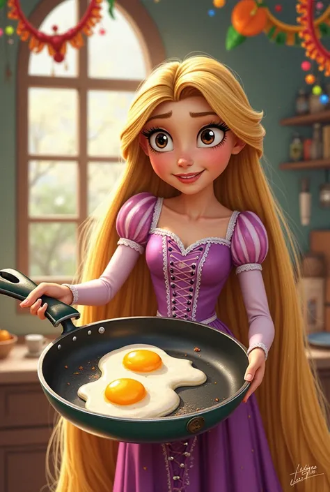 An invitation in Spanish for Thursday in Comadres, specifying that it will be Thursday, February 27 at 3 p.m.:30 in the office dining room. The central image of the invitation must be Rapunzel holding a FRYING PAN with 2 fried eggs and the entire invitatio...