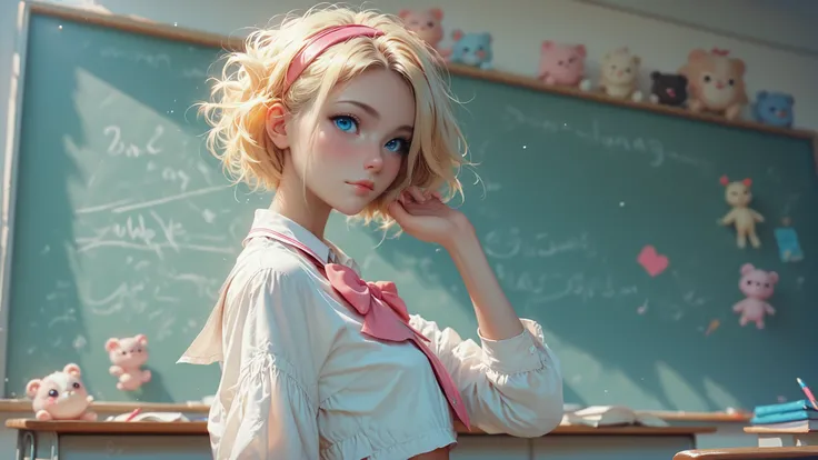 1girl, solo, single girl, young girl, Standing in a classroom, Cute blonde girl wearing revealing pink high-school uniform in classroom, sexy, petite, blue eyes, popular girl, standing in front of the chalkboard, 