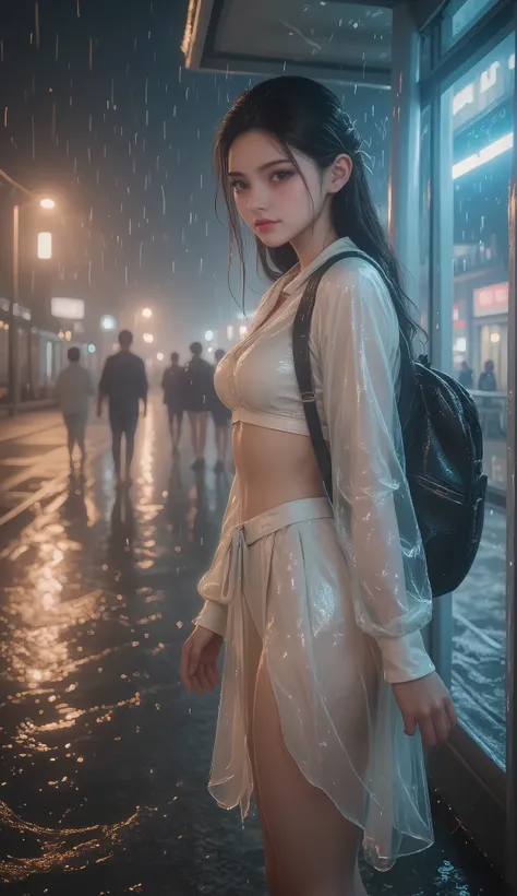 NSFW, TOP QUALITY , HD, 16k, unbelievably ridiculous , very well detailed, 2.5D, Delicate and Dynamic , beautiful woman, attractive smile , busty high school girl , uniform、 sailor suit、、 , backpack, , glitter effect, ((It's raining:1.3))、((My...