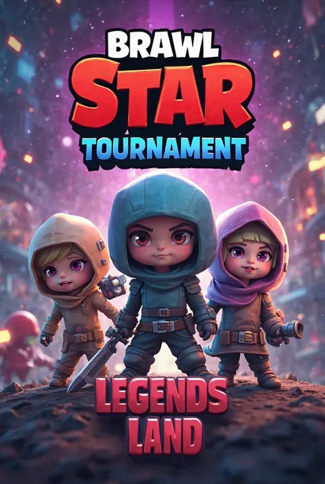 Create an image for an event on my server that says "BRAWL STAR TOURNAMENT" AND DOWN SAY "LEGENDS LAND" with the background of war games of Brawl Star characters that are part of the game, in 3D and written below LEGENDS LAND, with dolls like Emz or Bu, Di...