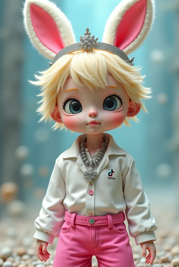 A square man doll with light blonde hair, a crown of gray stars, white bunny ears with pink, a white shirt, a necklace with the Tik Tok logo, and pink pants.