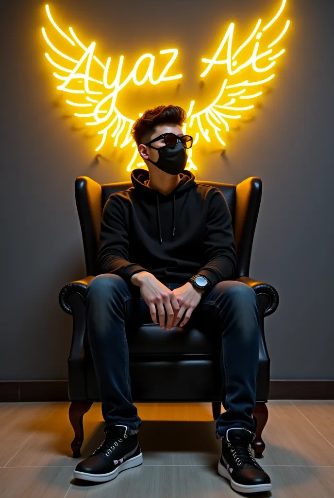 Create a 3D illusion for a profile picture where a 25 Year old cute boy in a black hoodie Sitting casually on a Wingback chair. Wearing sneakers, with black mask, and sunglasses, he looks ahead. The background features “Ayaz Ali Noonari” in big and capital...