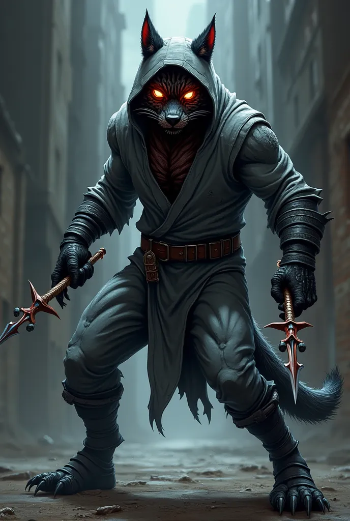 Comic: wolf-panther hybrid with black/red ninja mask, gray hooded jumpsuit, black belt, black gloves and black boots. He wields small trident-daggers.