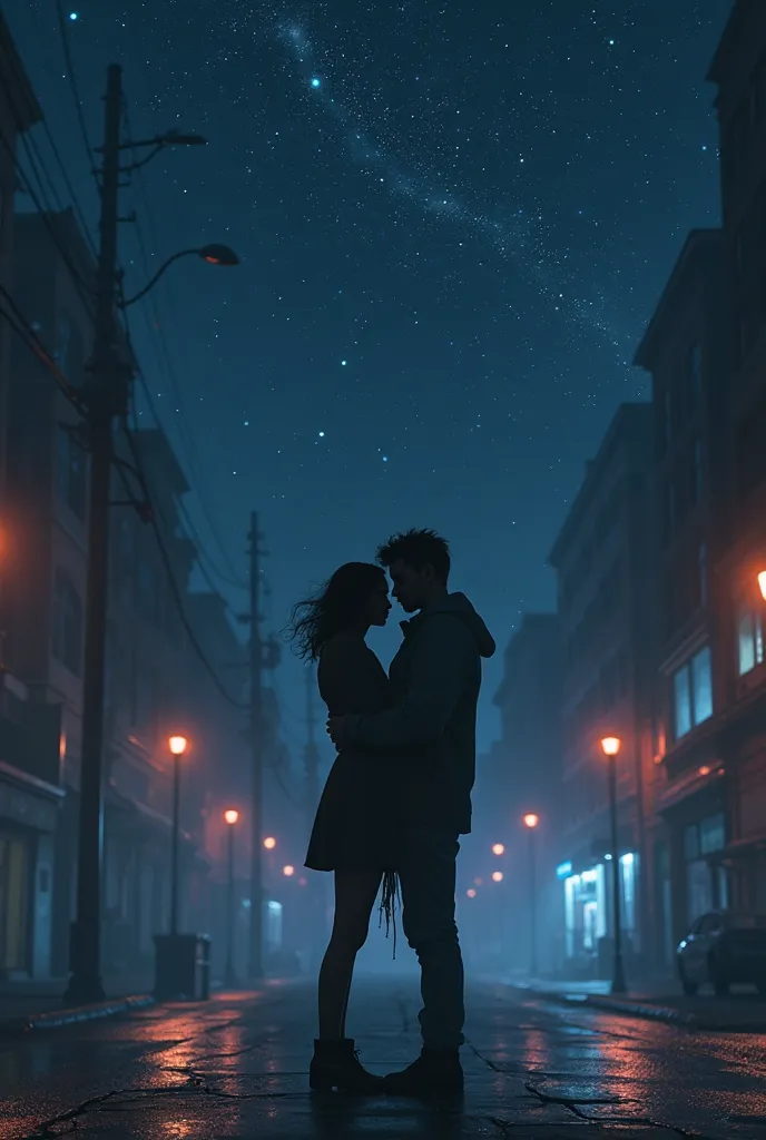 I am showing a more digital looking picture, the sky is full of stars and a deep navy blue color. In a place like tramp street, two lovers are hugging a man and they are sad.