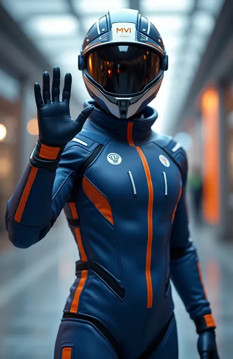 CREATE A 3D CHARACTER OF AN ENGINEER WITH BLUE UNIFORMS AND ORANGE DETAILS WITH MVI LOGO ON THE HELMET ON THE CHEST, WAVING WITH A THUMB 