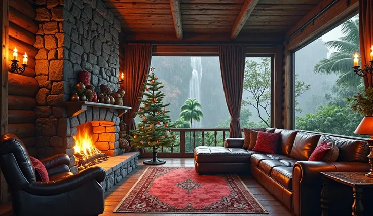 Hyper-realistic, ultra-detailed interior of a luxurious, rustic wooden lodge with a massive stone fireplace crackling with a warm, glowing fire, casting soft, golden light across the room. The lodge features rich, dark leather furniture—including a plush l...