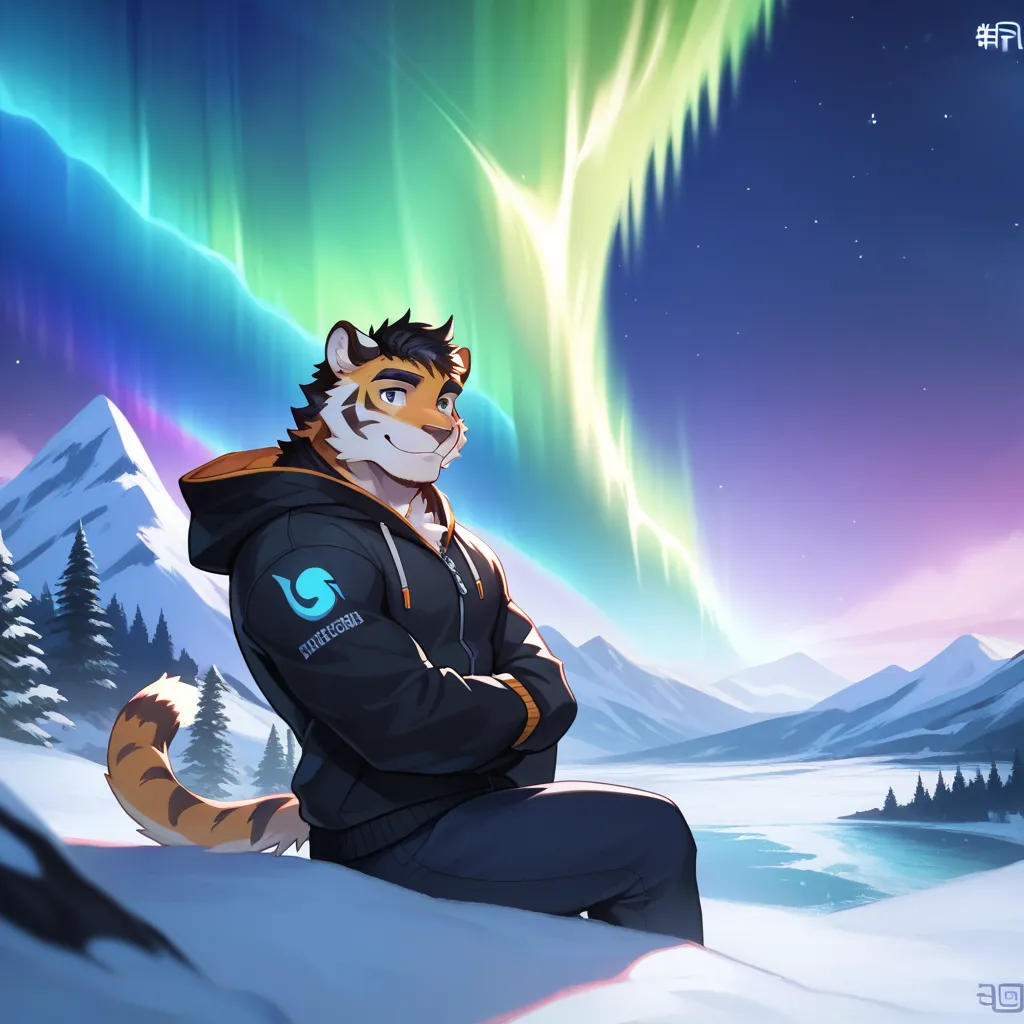 breathtaking aurora-filled night sky. surrounded by a vast landscape of snow-covered mountains and frozen lakes. The character sits comfortably on snow, gazing up at the vibrant northern lights. aurora dance in waves of green, blue, and purple lights. The ...