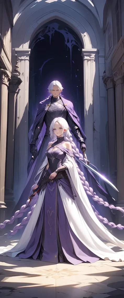 purple eyes， long white hair ，Purple double long braids，  high neck off-shoulder short sleeve top，Skirt，holding a long sword.mysterious man wearing a cape