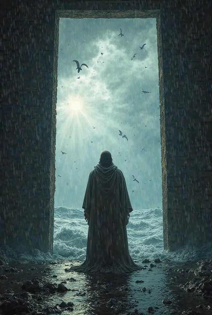 "Create a POV scene where you, as Noah, are standing inside the ark, looking out at the first raindrops falling from the sky. You see the water slowly accumulating on the ground outside, and the sky is dark and heavy with clouds. The air is filled with the...