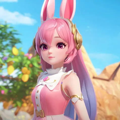 a close up of a person wearing a pink dress and bunny ears, from overwatch, trending on cgstation, rabbt_character, bunny girl, stylized anime, cute character, render of a cute 3d anime girl, ultrarealistic sweet bunny girl, pixie character, seraphine ahri...