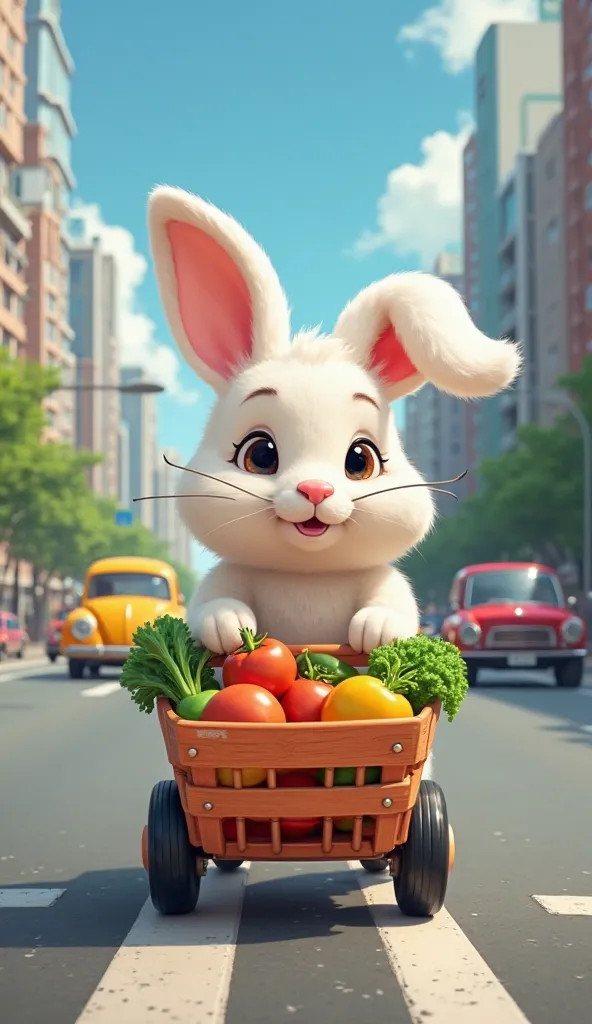 Features a white rabbit puppy pushing a vegetable cart, the rabbit was on the side of the city highway many car vehicles behind, cute cute cartoon