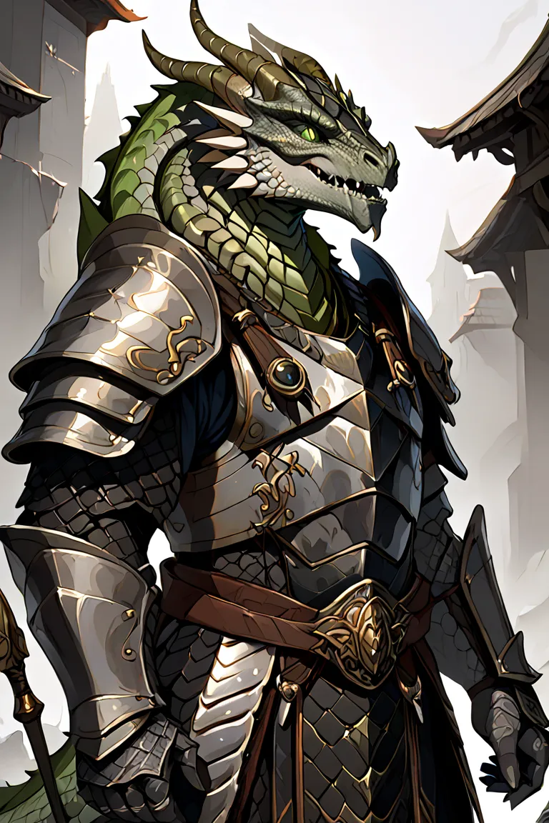 masterpiece, dragonborn homem, great divine warrior wearing heavy plate armor adorned with draconic props that a multicolored circular symbol stands out on his chest, Its gray scales have green features and on the top of its head there is a crest of white ...