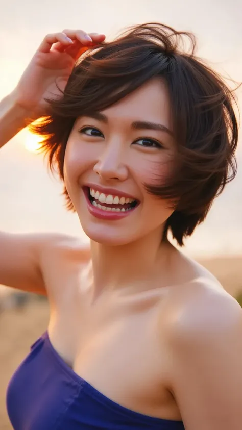 high quality realistic portrait,Beautiful woman with short hair fluttering her hair,Jet Black Hair, in a dress,strapless mini dress, he opens his mouth loudly , teeth inside, front view,Touching your hair,Sunset, backlit,Strong winds,hair fluttering in the...