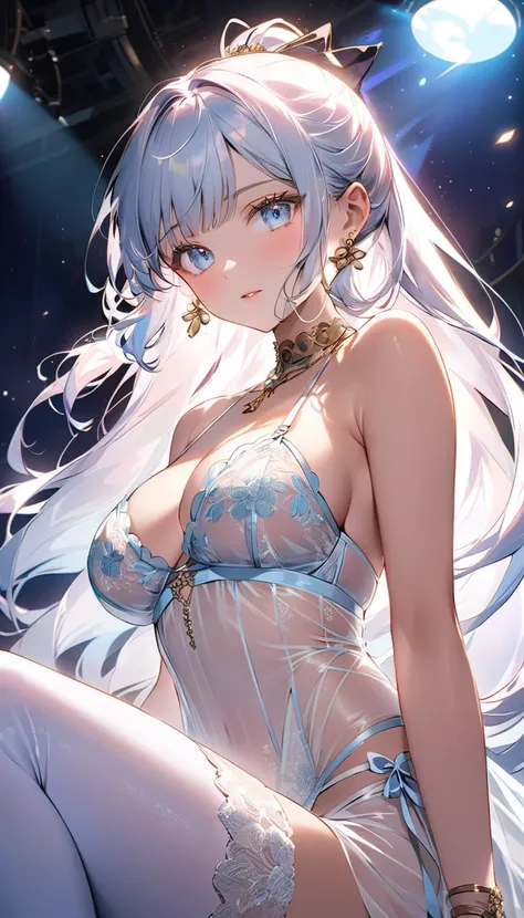 True Face、（ transparent white lingerie  :1.9）（Big Breasts:1.7）. whole body、True Face、long white hair. ponytail.（ depiction of speed and a sense of speed from below :1.3）、 dynamic poses、 movie scene、Illuminated、 steampunk. Beautiful face drawing、Depiction o...