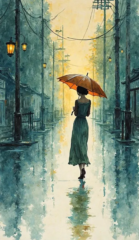 Minimalist Asian art style, young woman in flowing alcohol ink, Painting of a woman walking in the rain with an umbrella, watercolour detailed art, masterful, detailed watercolour, by Antoine Blanchard, vibrant detailed watercolour painting, city at night ...