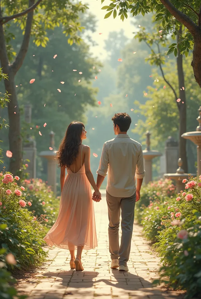 photo realistic image of a man and a woman walking in a garden holding hands. The woman is 175 cm tall. The man is 165 cm tall.