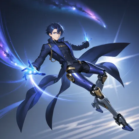  dark blue hair、male、 Long Coat 、dark blue eyes、best image quality、 highest resolution、Mechanical legs、Galaxy hand