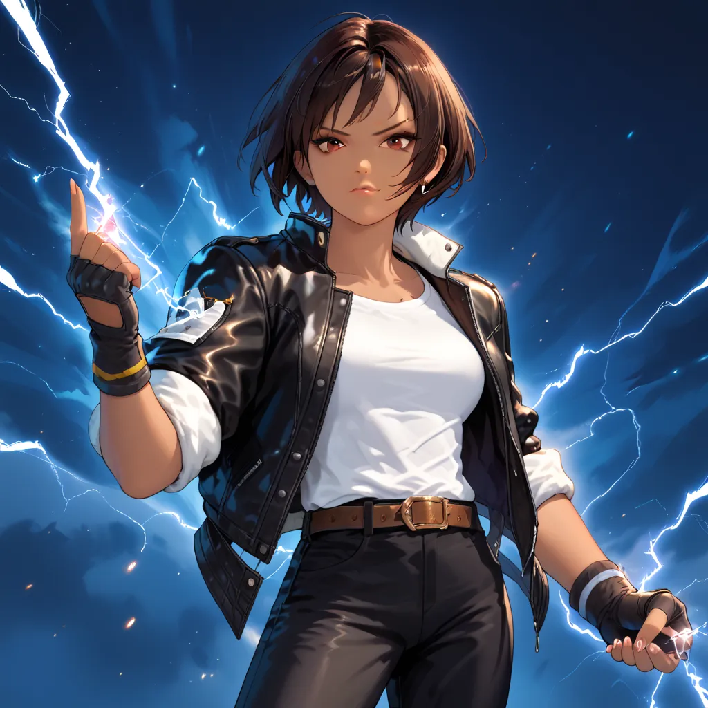 1 Female, dark skin, dark hair, short cut, red eyes, jacket, look, glare, electrokinesis, electricity, soft focus, she is wearing (black leather jacket with rolled up sleeves)), open jacket, black fingerless gloves, white T-shirt, ((white catsuit)), black ...