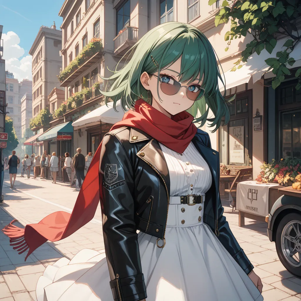  One Man, dark green hair,  bangs between your eyes, oblique bangs,  dark green eyes ,  sunglasses, red scarf,  leather jacket, Muscular, spiny metal accessory.
one girl, hair with colors close to black,  Light Blue Eyes, shortcuts,  leather jacket, white ...