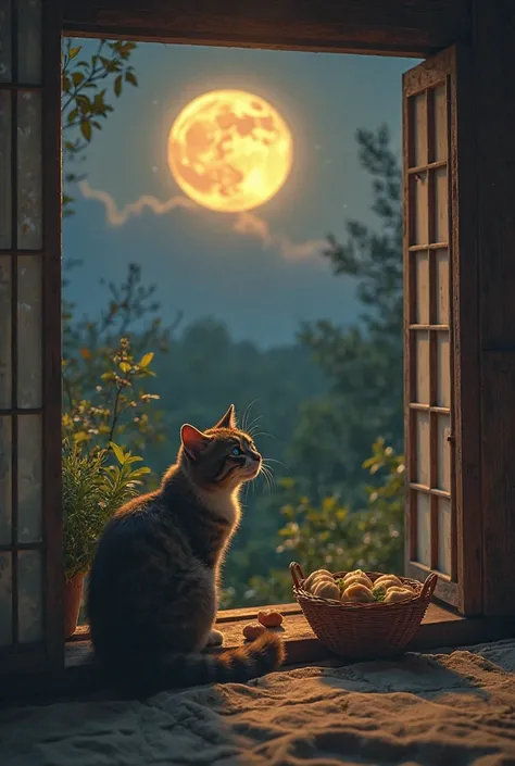 un chat profitant regarde de la ramadan de la lune dans une vieille maison japonaise avec des dumplings de contemplation de la lune et de l'herbe à pampas photo reel 