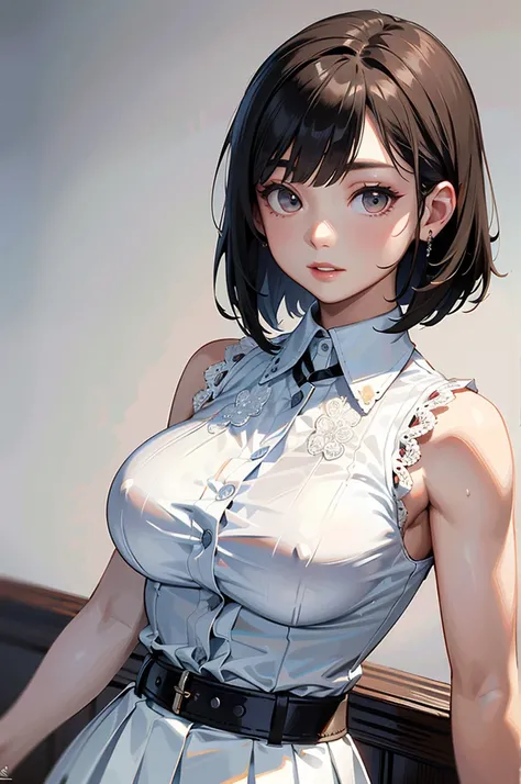 masterpiece:1.2、8k、Real、photoRealistic:1.37、Super detailed、Portrait from the chest up、Bust、Upper body photo、Big Breasts、1 female、Staring at the audience:1.5、Big Breasts、(Black Hair、Medium Bob、Beautifully cut medium bob hair)、(White lace sleeveless shirt、Co...