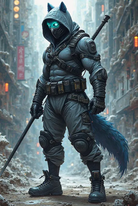 Comic: thunderbird-cheetah hybrid with black/blue ninja mask, gray hooded jumpsuit, black harness, black gloves and black boots. He wields steel bō staff.