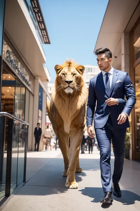 Create image of a tall, muscular man walking in a shopping mall alongside two giant lions. The man is wearing an elegant suit and walking confidently toward the camera, with a modern, bustling mall environment in the background. The dragons are majestic, d...