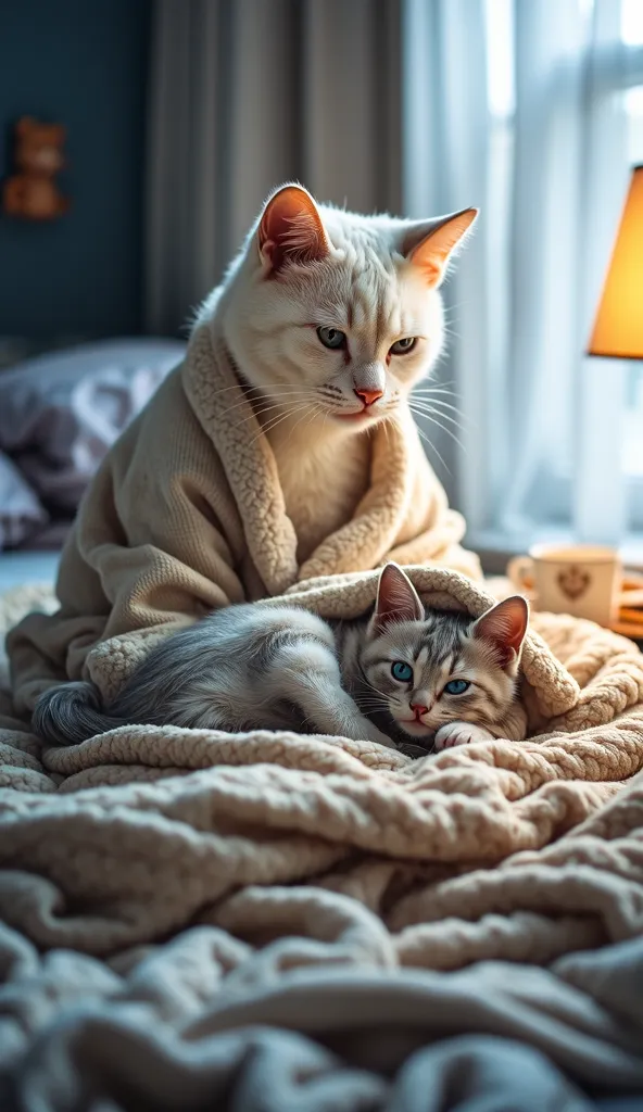 "A warm and tender bedtime scene featuring an anthropomorphic white cat gently tucking in a tiny, ultra-realistic, fluffy, gray cat with big blue eyes and a thin, slender body. The white cat, wearing a cozy robe, has a loving expression as he adjusts the b...