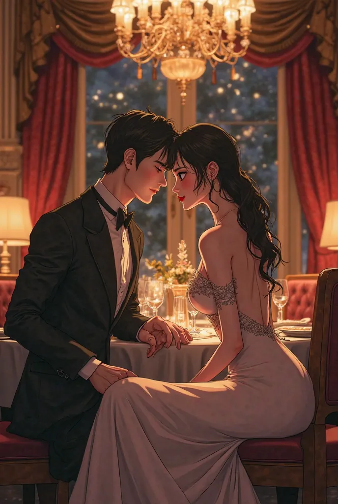  an anime woman in an elegant dress bending her body while sitting across from a man to look sexy in a fancy restaurant