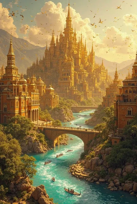 City with golden buildings and golden street, Gemstone wall, water river with a source of gold and Clarinha water, a Clarinha water river and a giant golden castle with a Clarinha water river surrounded and in the center of the city, A square of pure gold