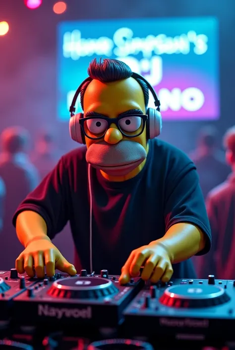 Create realistic image,  as a DJ and white headphones, turntable , dark glasses and a screen that says Homer Simpson's DJ KANO 