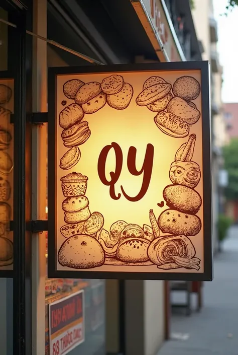 bread shop sign,  logo "qy" in the center, with stylized drawings of vietnamese bread, have letters "88 Thuoc Bac street"