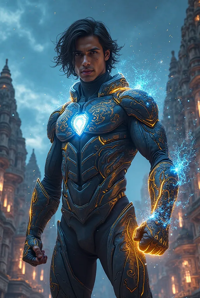 **Prompt for Image Generation:**  

"A breathtaking, ultra-modern superhero from West Odisha, Kalahandi, Bhawanipatna, standing powerfully against a futuristic cityscape with ancient temple structures in the background. He is a handsome, gorgeous, and fit ...