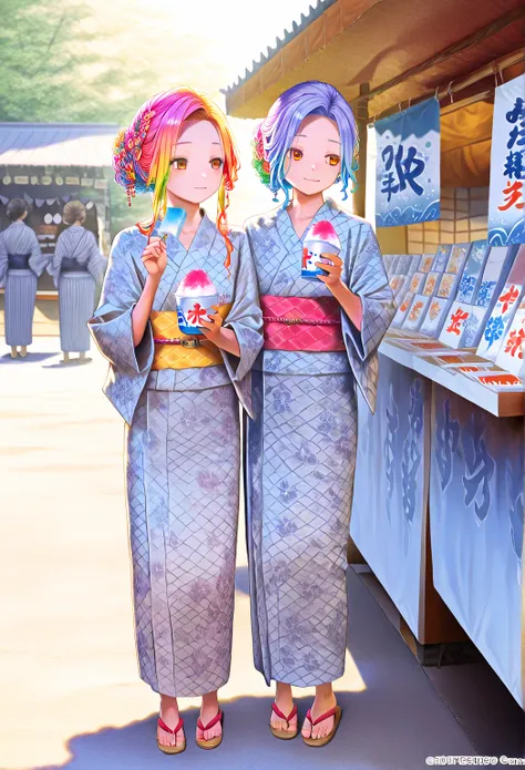    young  , color々 hairstyle,yukata,stall,Sandals,fair,holding food,Shaved Ice