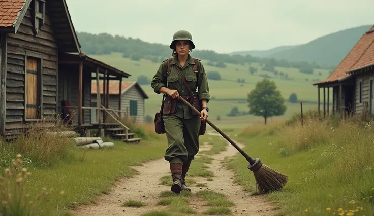 A female soldier sweeping a farm 