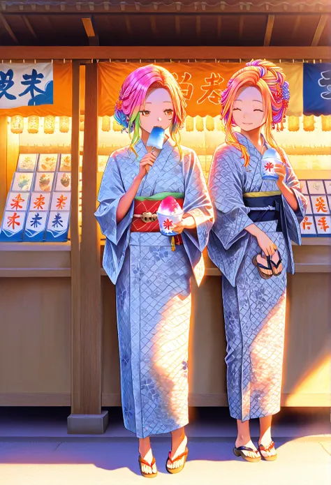    young  , color々 hairstyle,yukata,stall,Sandals,fair,holding food,Shaved Ice