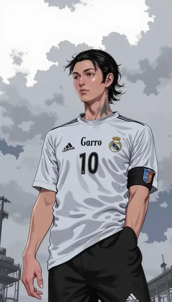 Um homem jogador de futebol Garro, (Are you standing in the front), Jersey 10  , short black hair,  black clothes, low-cut,(Name written on the shirt,Garro )(black and white manga art style )